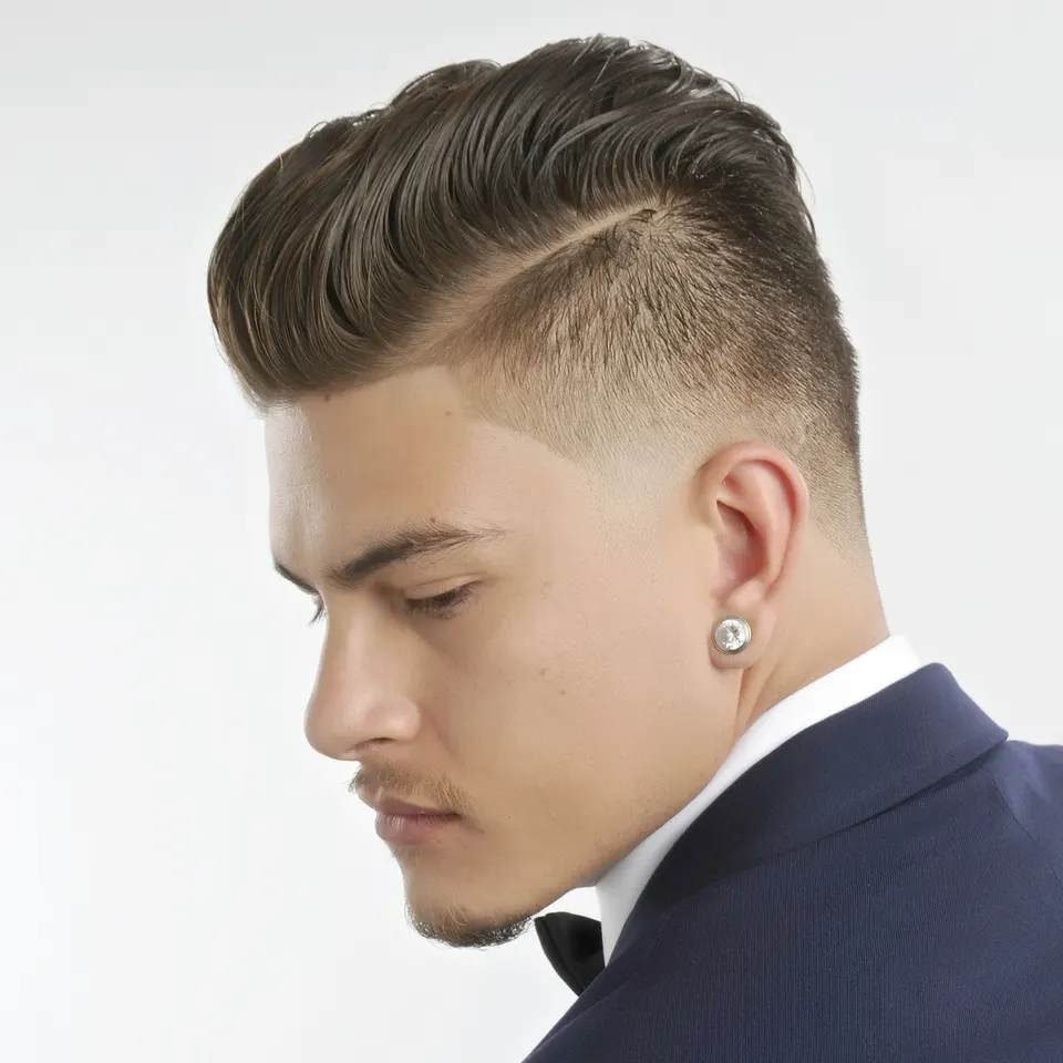 Man with a short faded cut and textured top, styled at Rico's On 3rd